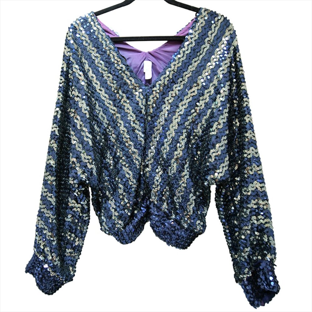 Vintage 70s 80s ILGWU Union Made Sequin Blouson Top Blue Silver Black M/L USA